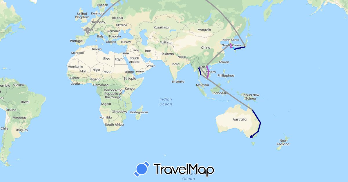 TravelMap itinerary: driving, plane, train, boat in Australia, France, Japan, South Korea, Thailand, Vietnam (Asia, Europe, Oceania)